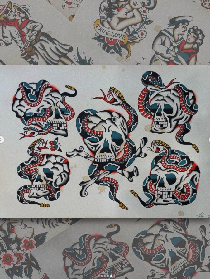 Tattoo flash sheet featuring skulls with snakes intertwined, classic tattoo style, with various designs of skulls and snakes.