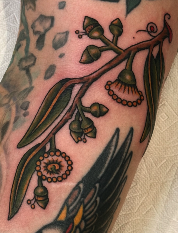 Tattoo of a botanical branch with leaves and small hanging flower-like ornaments on skin.