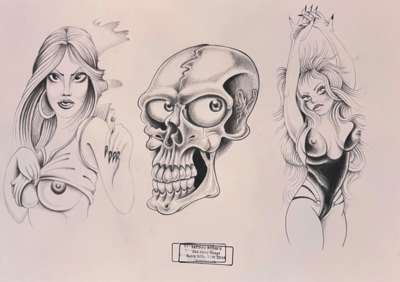 A black and white drawing featuring three elements: a woman with long, flowing hair holding her partially lifted shirt, exposing one breast; a detailed skull in the center; and a woman with long hair, holding her hair up, wearing a revealing black ou