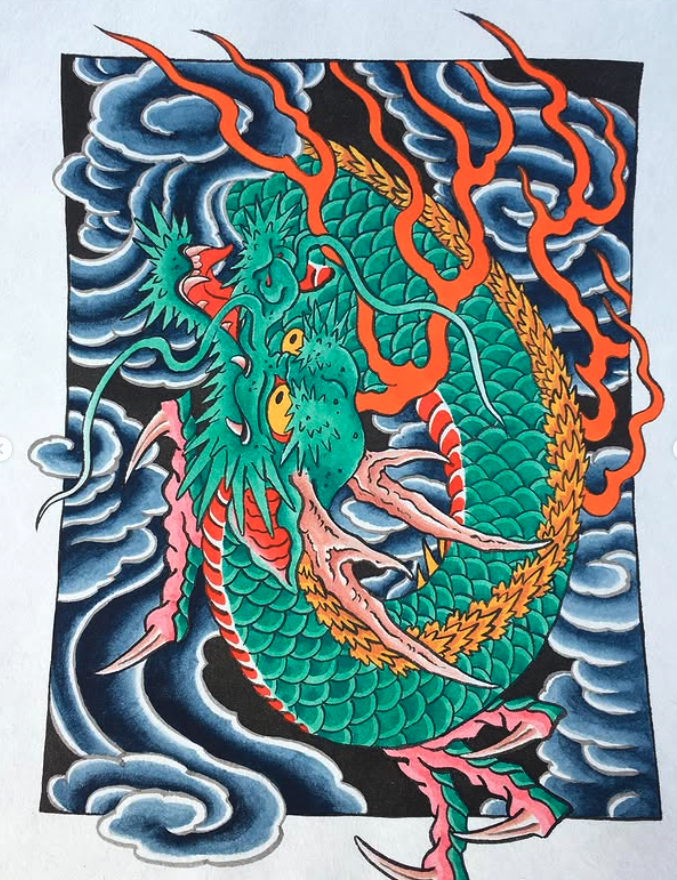 Colorful traditional Japanese-style dragon with flames and clouds background.