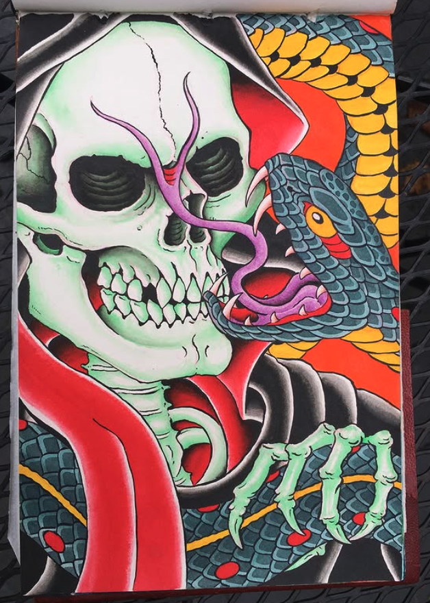 A vibrant tattoo-style artwork featuring a green skull with black eye sockets, a purple snake with yellow eyes coiled around it, and a coiled black and yellow snake in the background. The design includes bold colors and detailed line work.