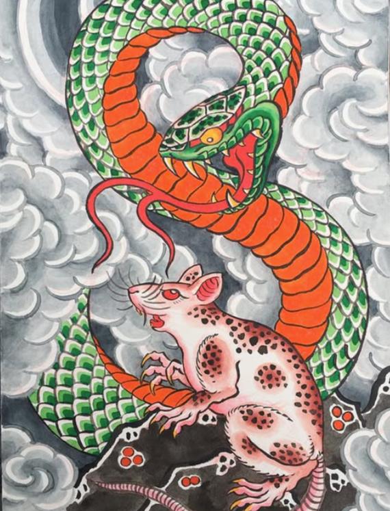 A colorful tattoo-style illustration of a green and orange snake coiled around a pink and gray rat with black spots, set against a cloudy gray background.