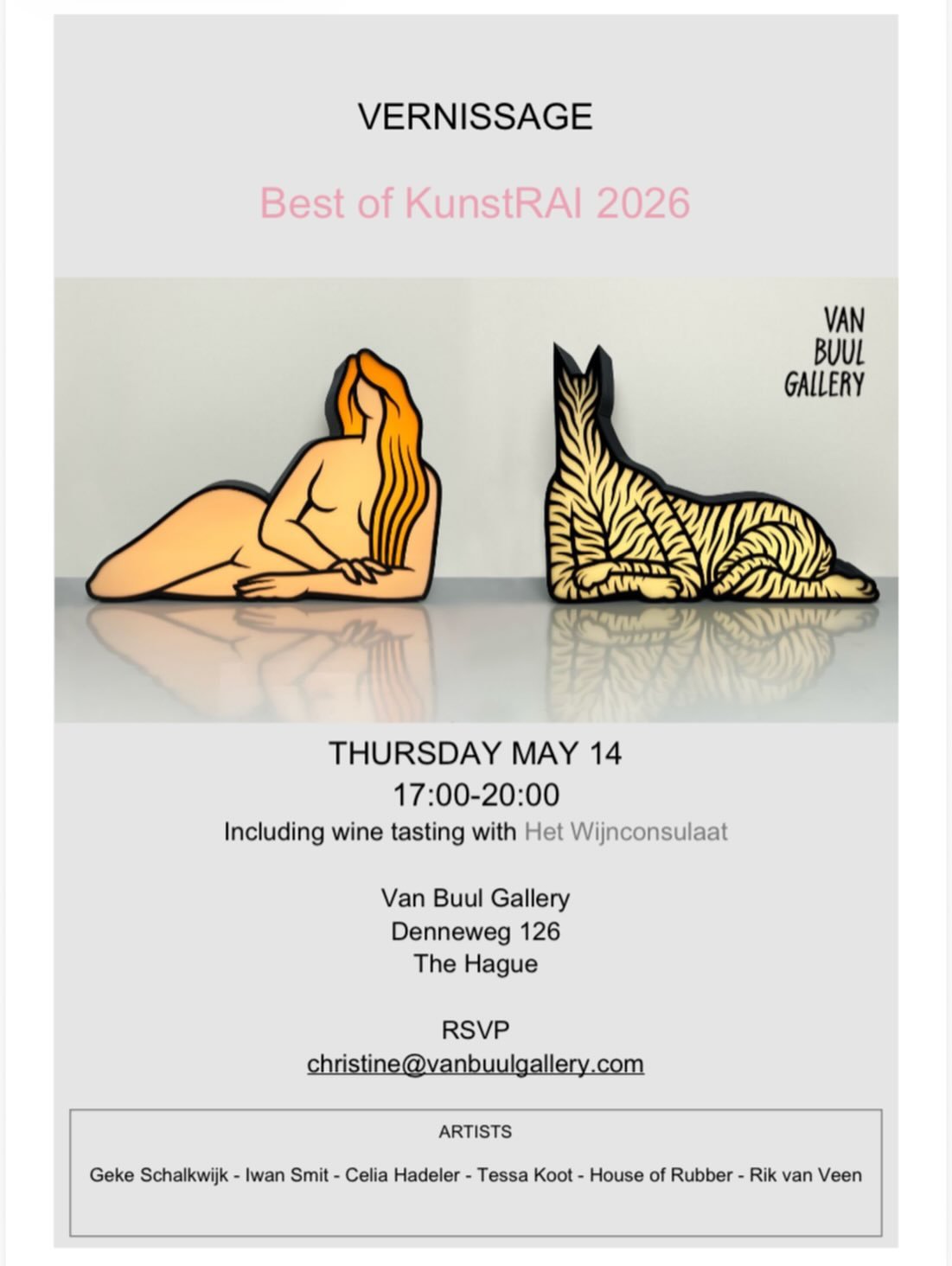 Next Thursday! 
Opening and wine tasting at @vanbuulgallery 
Denneweg 126, Den Haag 🍷 

17:00-20:00
RSVP: christine@vanbuulgallery.com

With @gekeschalkwijk @iwansmit @houseofrubber.xyz @celia_hadeler @rikvanveen @tessakoot