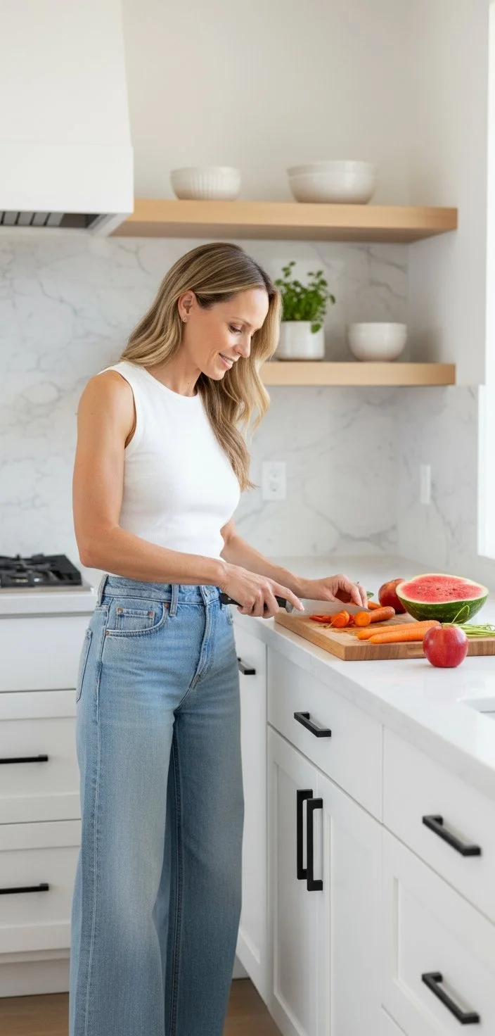 A woman wearing a white sleeveless top and light blue jeans is standing in a modern kitchen, slicing carrots on a wooden cutting board. There is a watermelon and an apple on the counter next to her. The kitchen has white cabinets, marble backsplash, and open wooden shelves with white bowls and a potted plant.