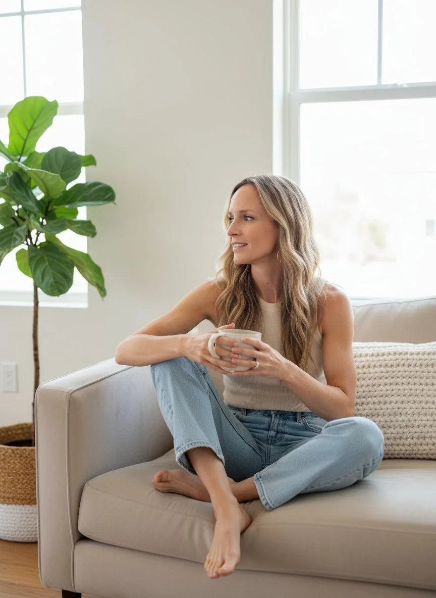 Woman sitting on a beige sofa holding a coffee mug, next to a large green potted plant in a bright room with natural light.