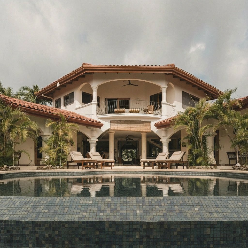 A large two-story house with a pool in the foreground, surrounded by palm trees and outdoor furniture, under a cloudy sky.