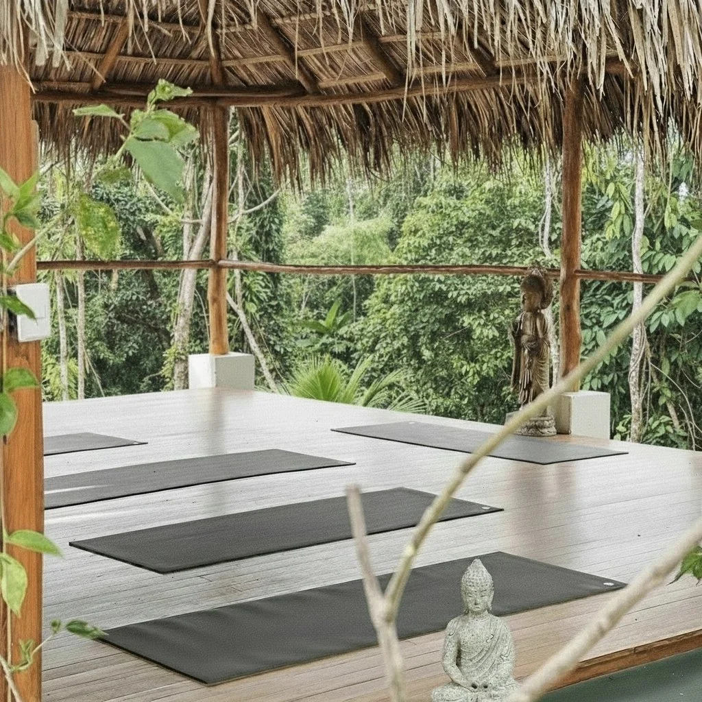 Yoga mats on wooden floor under a thatched roof, surrounded by lush green trees, with Buddha statues and a wooden carved figure in the background.