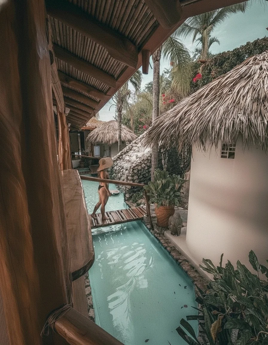 Child standing on a small wooden dock over a pool, surrounded by tropical plants and thatched roofs, with palm trees and sky in the background.
