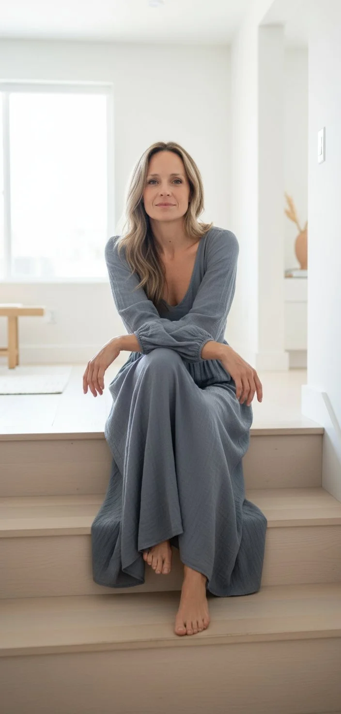 Woman sitting on wooden stairs in a bright, minimalist room, wearing a gray long dress with neutral expression.