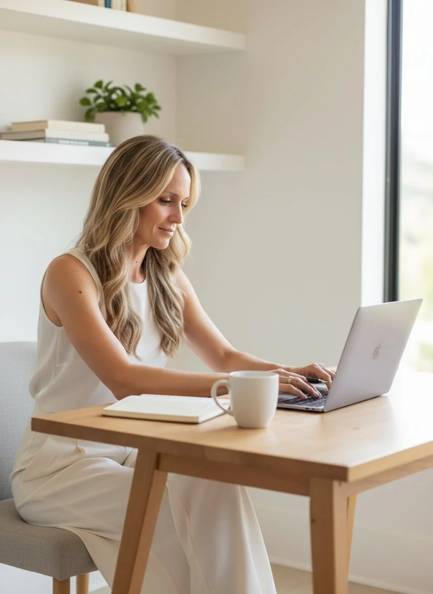 A woman with wavy blonde hair working on a laptop at a wooden desk with a white mug and an open notebook, in a bright room with books and a plant on the shelf.