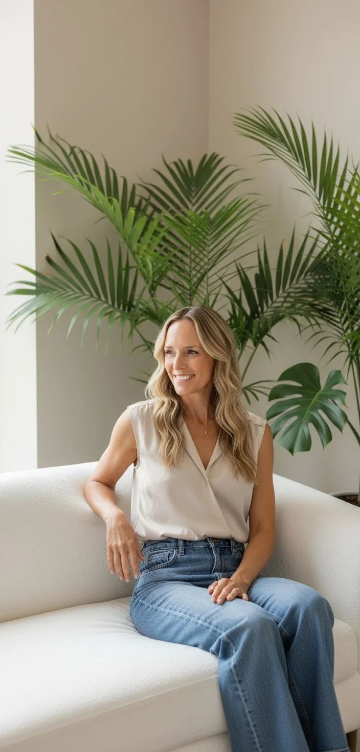 A woman with blonde hair sitting on a white sofa, smiling, with large green tropical plants behind her in a bright, modern room.