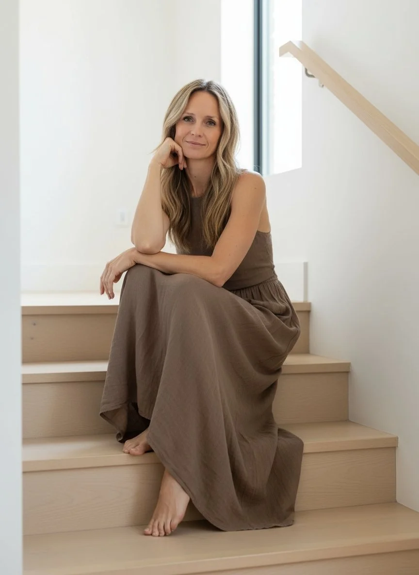 Woman sitting on stairs, resting her chin on her hand, wearing a brown sleeveless dress, with a large window behind her in a bright, minimal room.