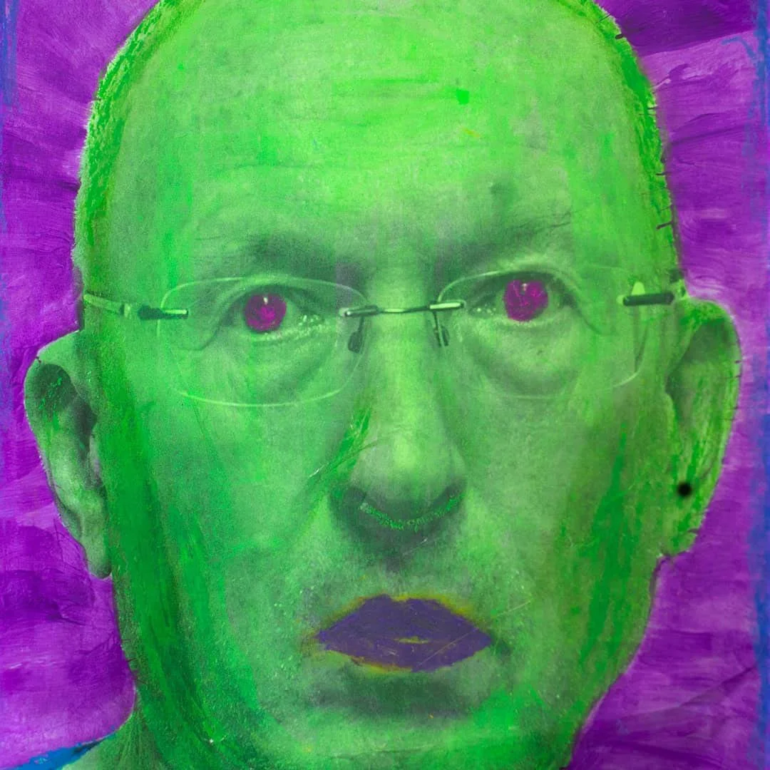 A neon green portrait of a person with glasses and dark purple lips, with a purple background.
It must be the_northern_flaneur.