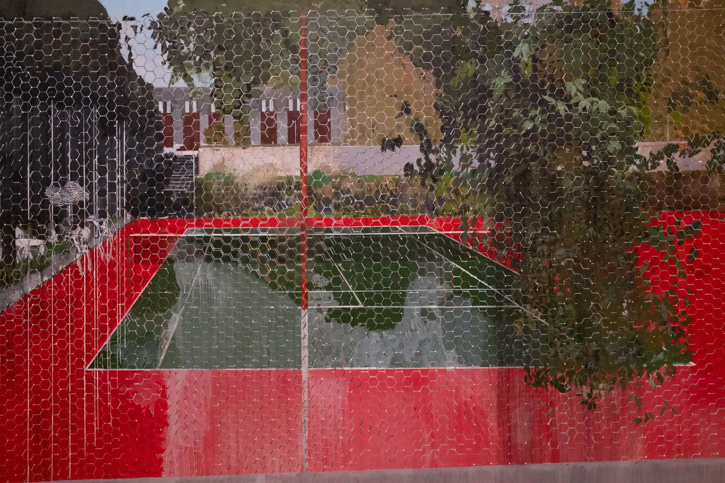 The first time I went to Jamaica, the national TV channel showed what appeared to be a family tennis "tournament". It was shot through the fence like Hurvin's painting. Someone told me it was shown because the family were sponsors of the station...