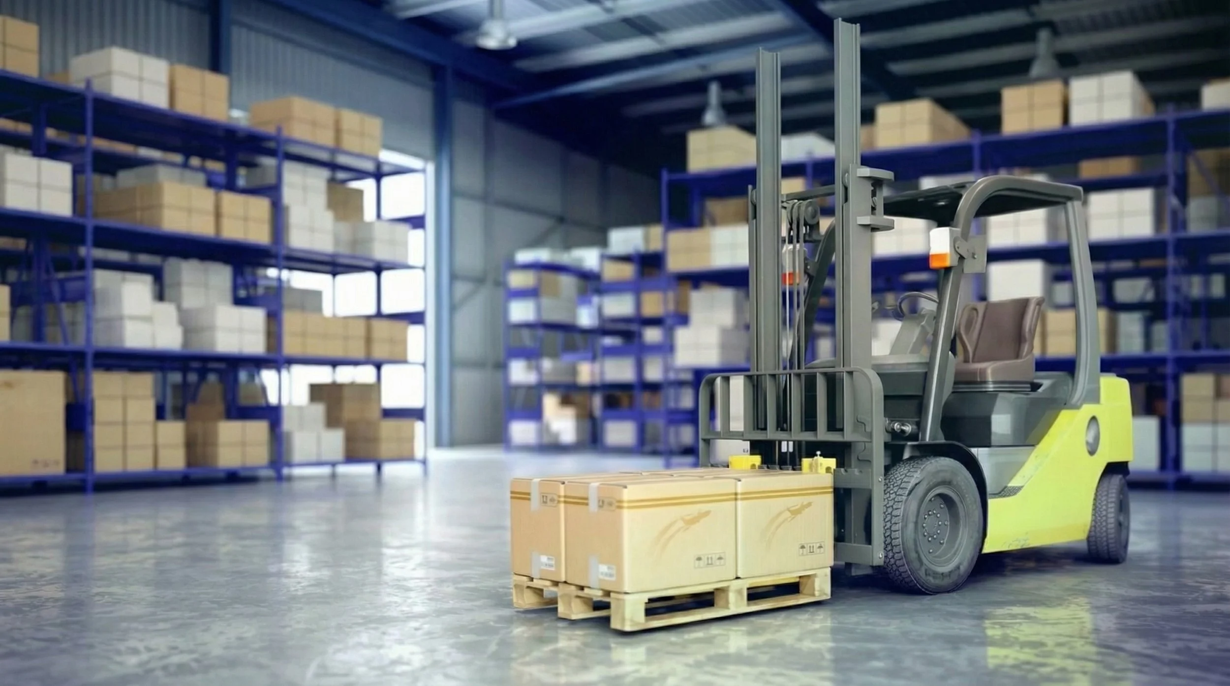A forklift moving boxes on a pallet inside a warehouse with shelves filled with boxes.