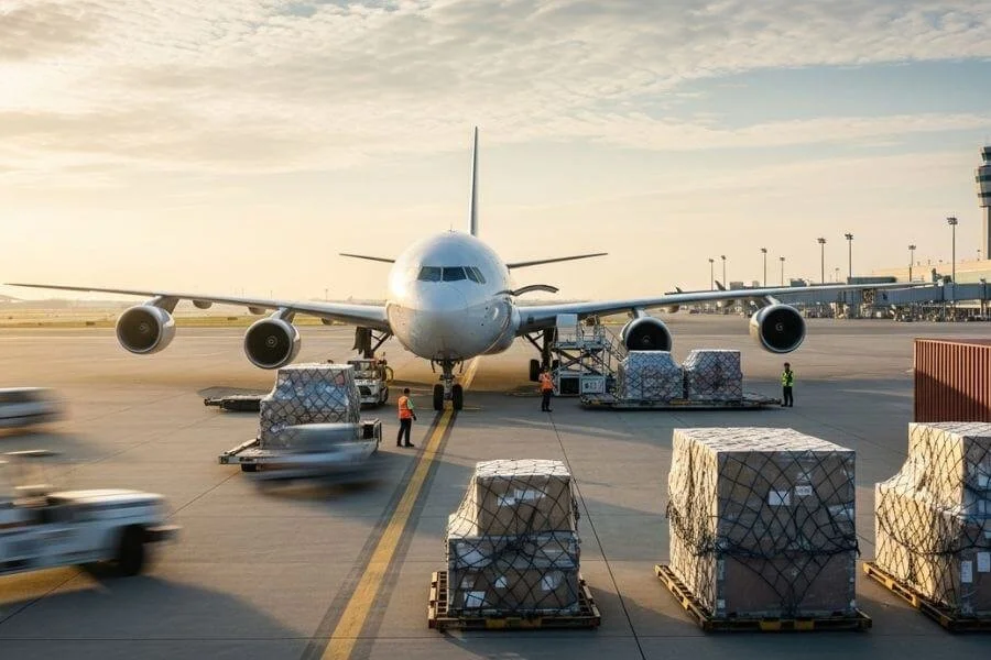 An airplane on the tarmac at an airport being loaded with cargo by ground crew members and equipment.