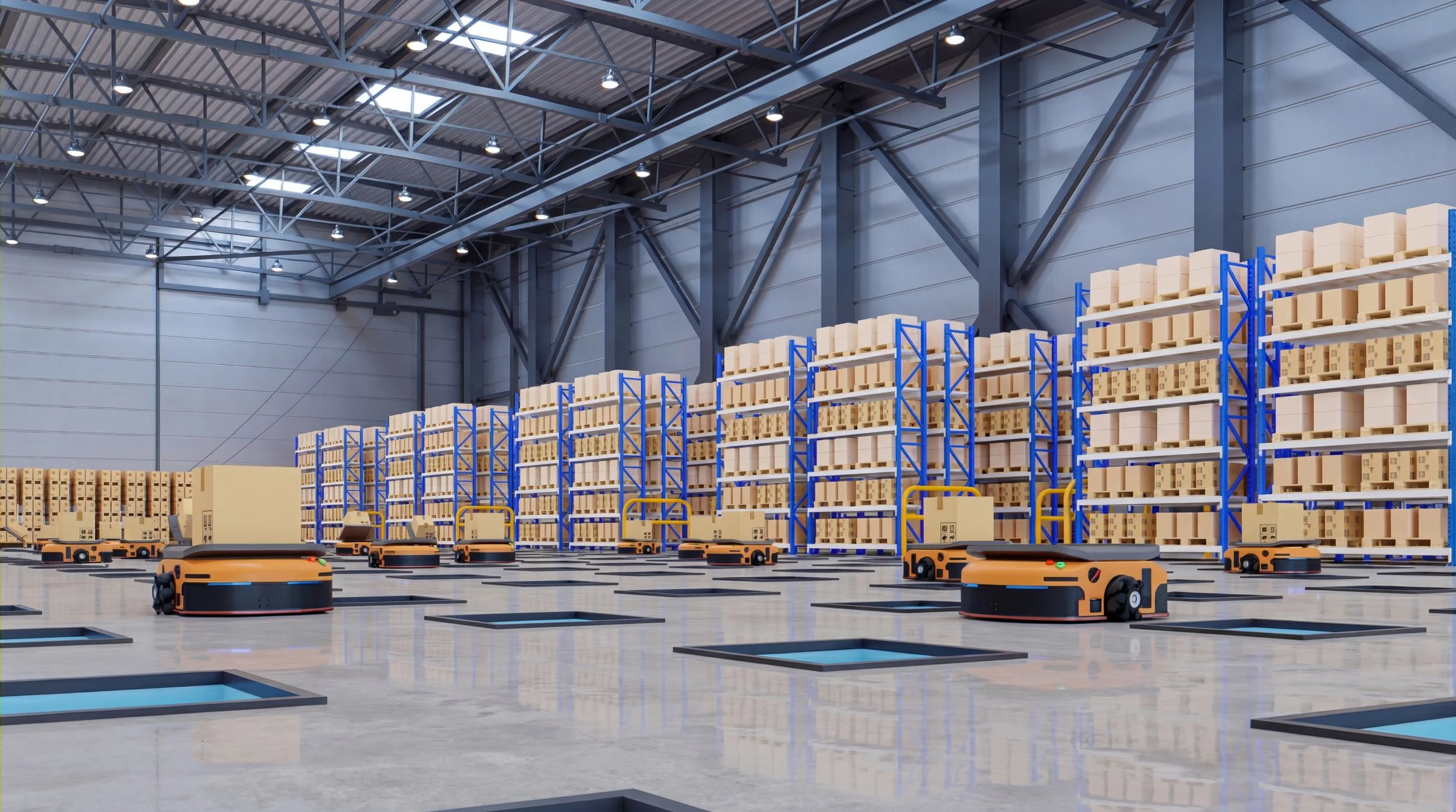 Warehouse with tall shelves holding boxes and multiple autonomous robots moving across the clean floor