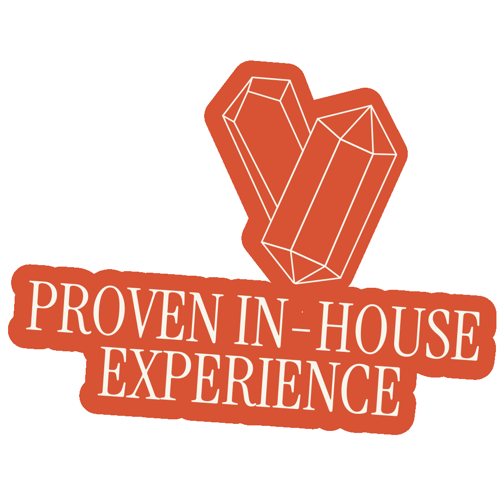 Logo mit zwei geometrischen Steinen und dem Text "Proven In-House Experience" in orange.