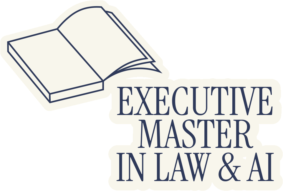 Ein offenes Buch neben dem Text "Executive Master in Law & AI" in dunkler Schrift.