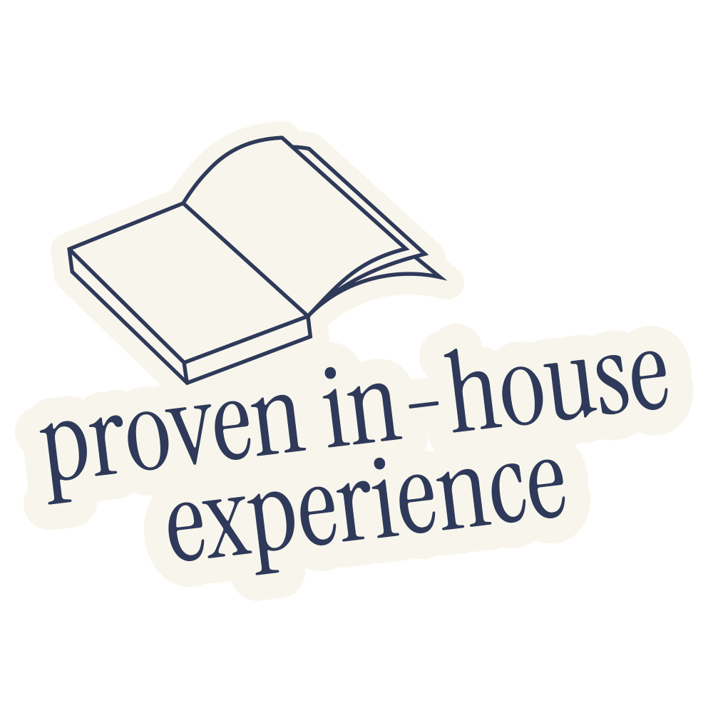 Illustration eines geöffneten Buchs mit dem Text 'proven in-house experience' darunter.