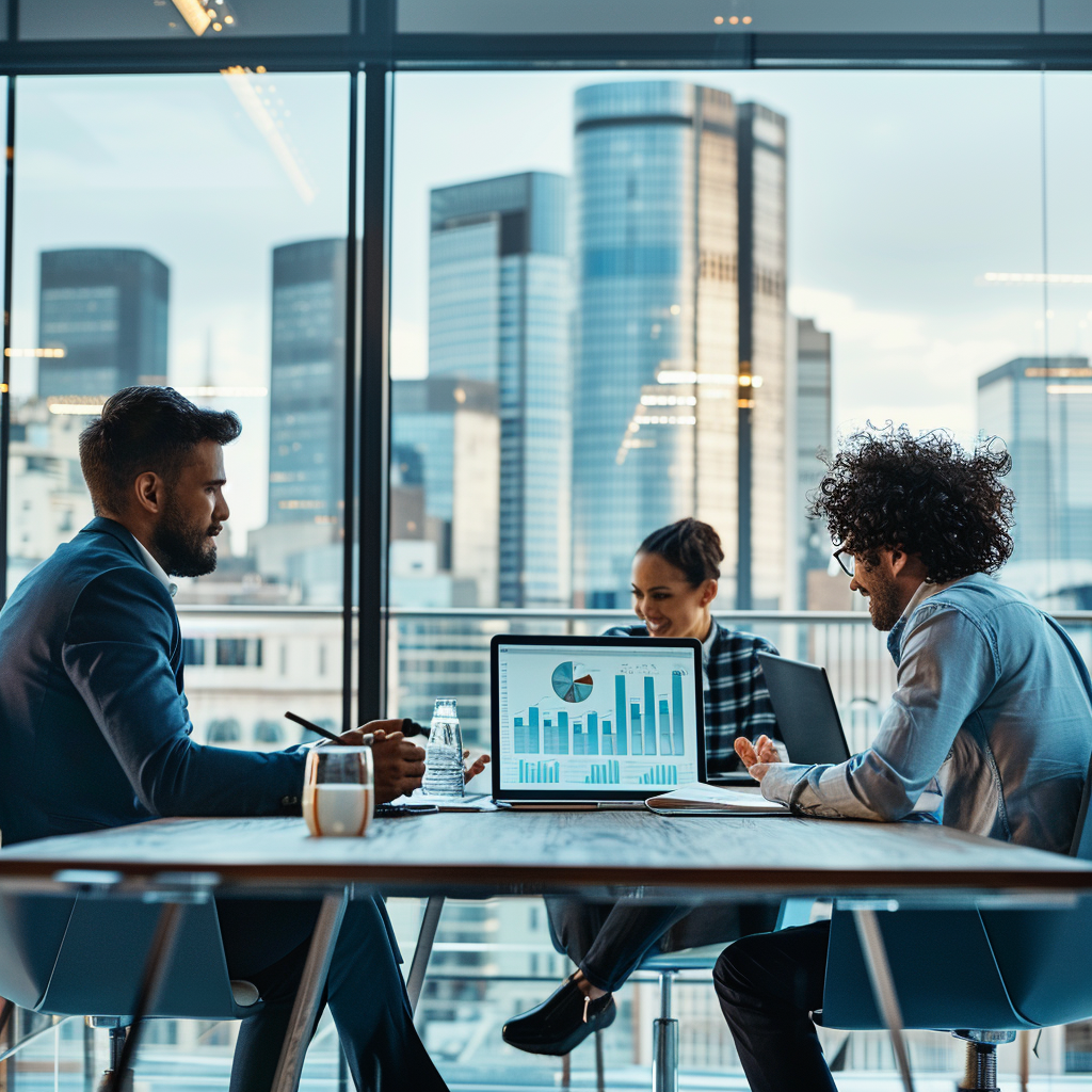 Drei Geschäftsleute sitzen in einem modernen Büro mit Blick auf eine Stadt und diskutieren über einen Laptop-Bildschirm mit Diagrammen und Grafiken.