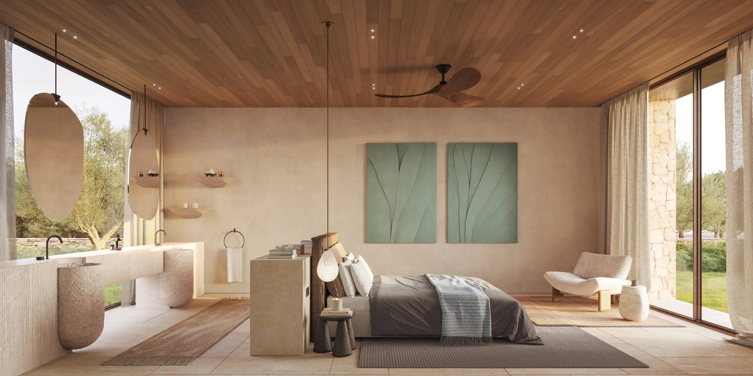 Interior de una habitación moderna con techo de madera, paredes claras, ventanas grandes con cortinas translúcidas, y arte decorativo en tonos verdes.