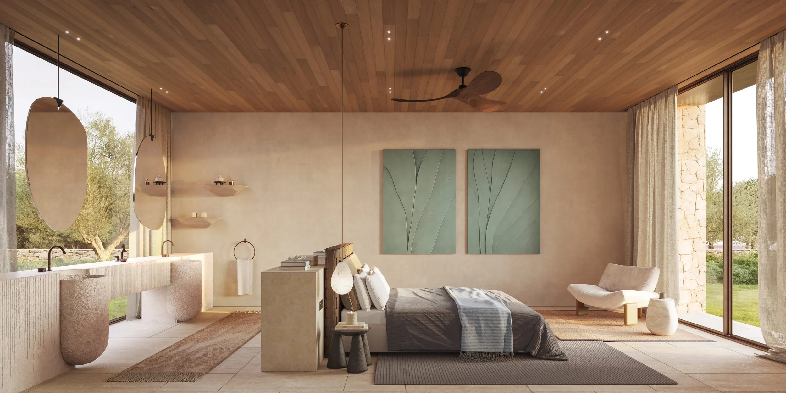 mediterranean style private luxury villa in ibiza, bedroom with open floor layout, open bathroom, wooden ceilings, custom made bespoke furniture, atelier baas artwork, minotti armchair, ceiling fan