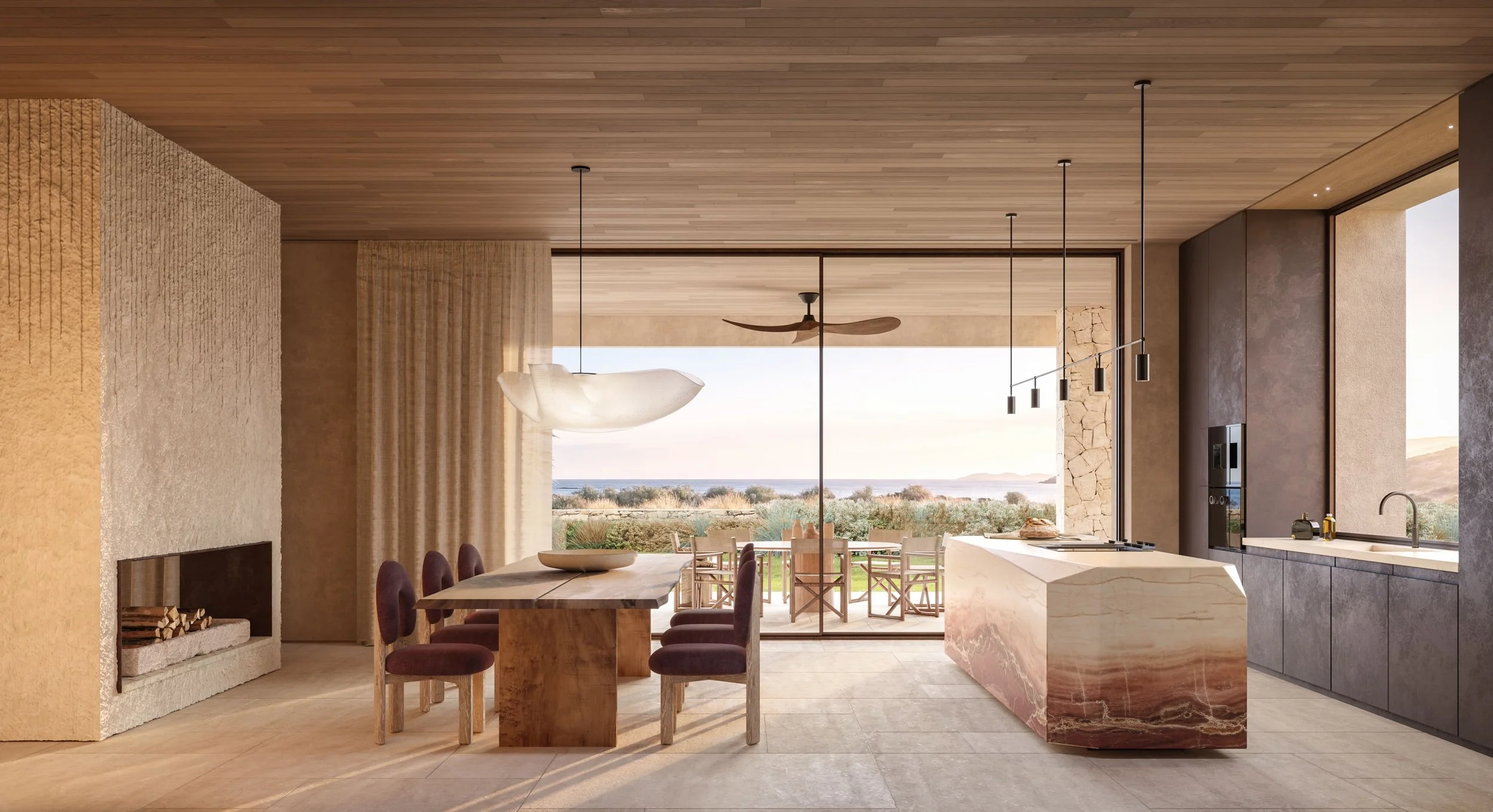 mediterranean style interior design, high end finishes, private villa in ibiza, marble block kitchen island, wooden ceilings, metal kitchen