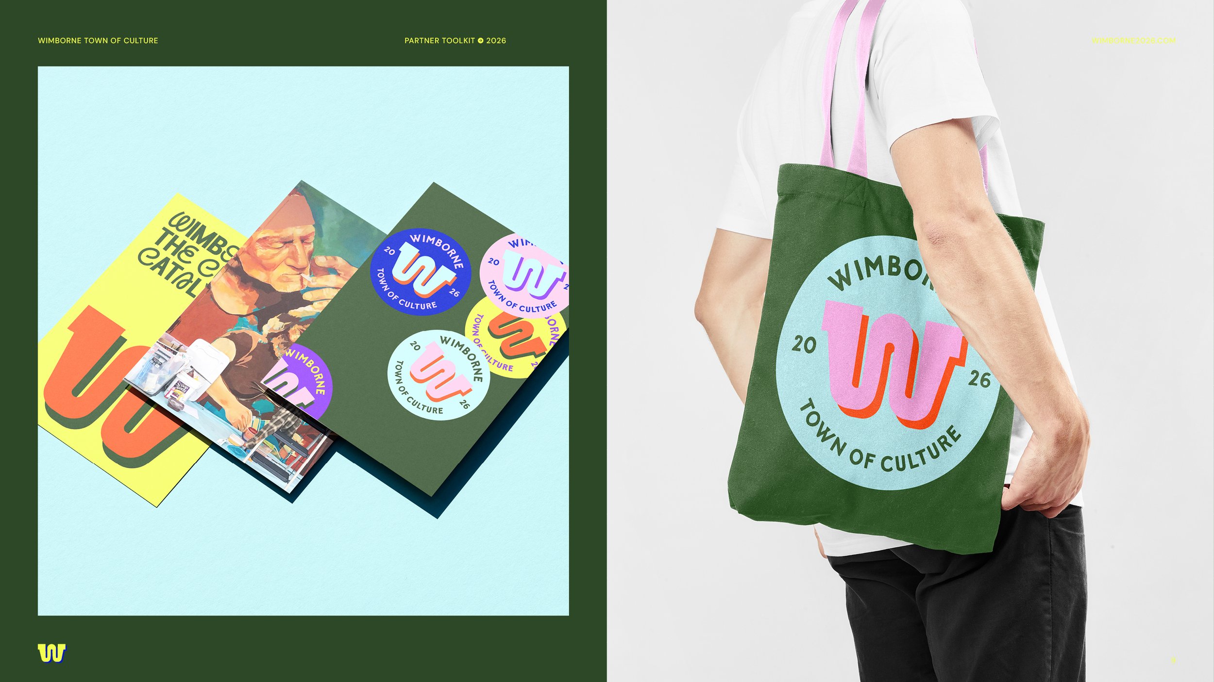 A person holding a green tote bag with the logo 'WIMBORN TOWN OF CULTURE 2026' in pink, blue, and green colors.