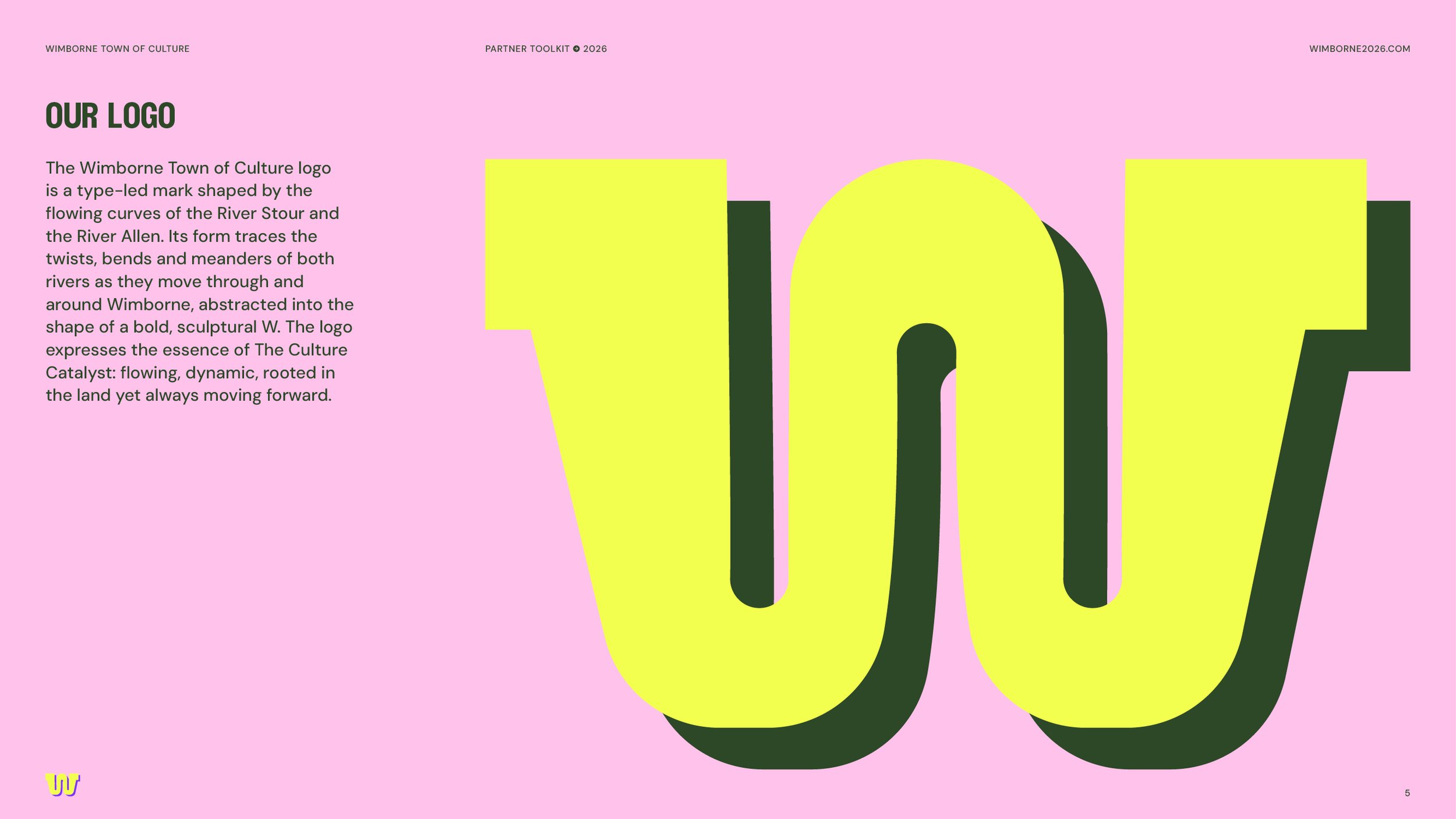 A pink background with large yellow and black stylized letters "W" and "O" representing a logo for Wimborne Town of Culture, accompanied by a paragraph explaining the logo's design and symbolism.