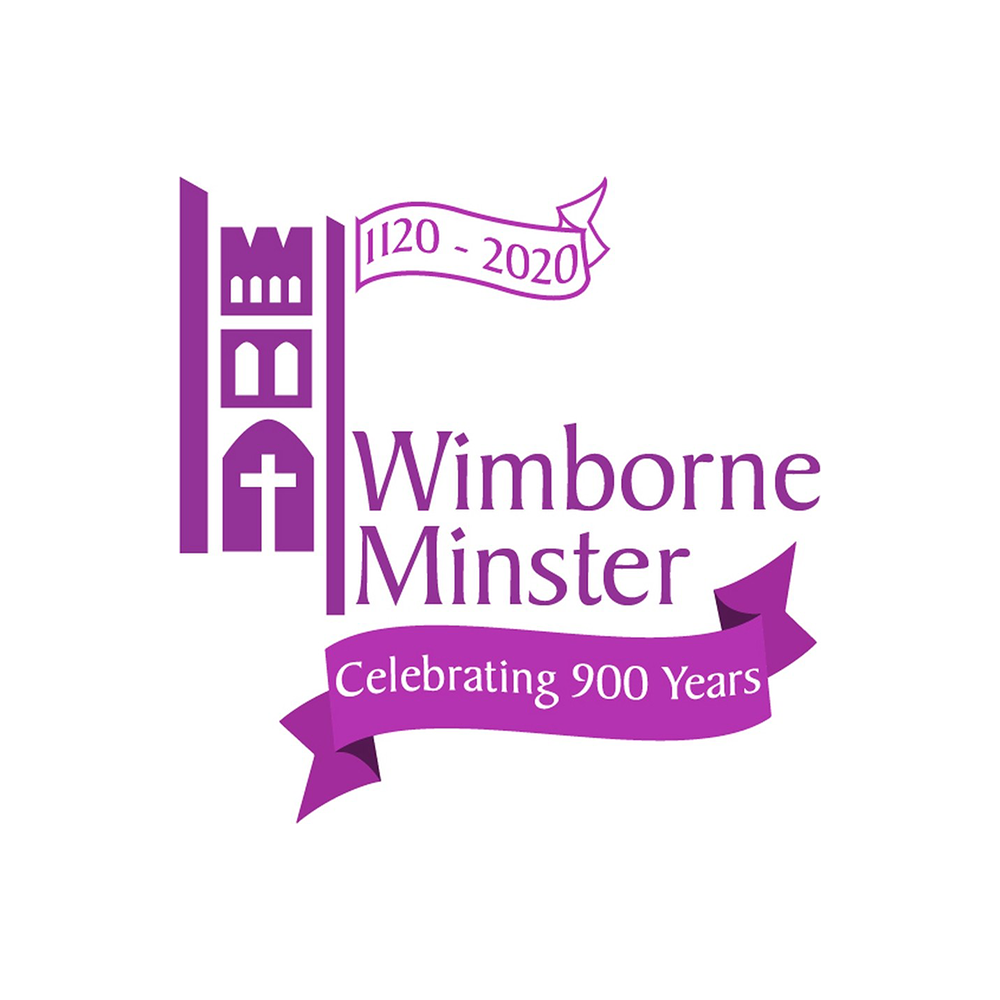 Logo celebrating Wimborne Minster's 900 years from 1120 to 2020, featuring purple text and banners.