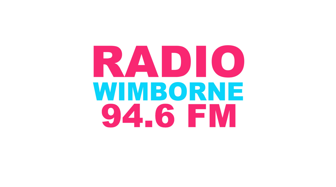 Bold logo reading “RADIO WIMBORNE 94.6 FM.” “RADIO” and “94.6 FM” are in bright pink, while “WIMBORNE” is in turquoise, all in large, modern sans-serif text.