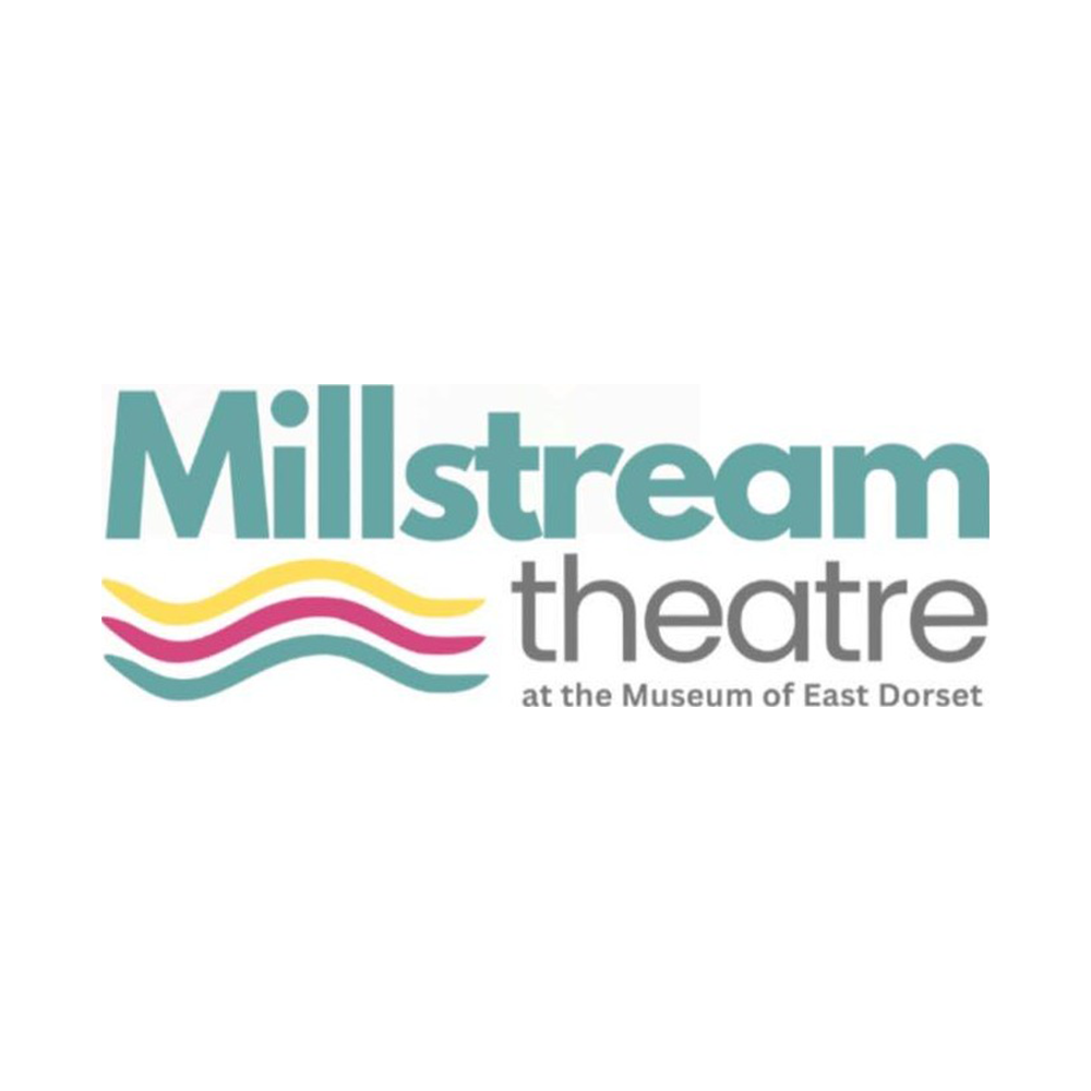 Logo for Millstream Theatre at the Museum of East Dorset, featuring colorful wavy lines and stylized text.