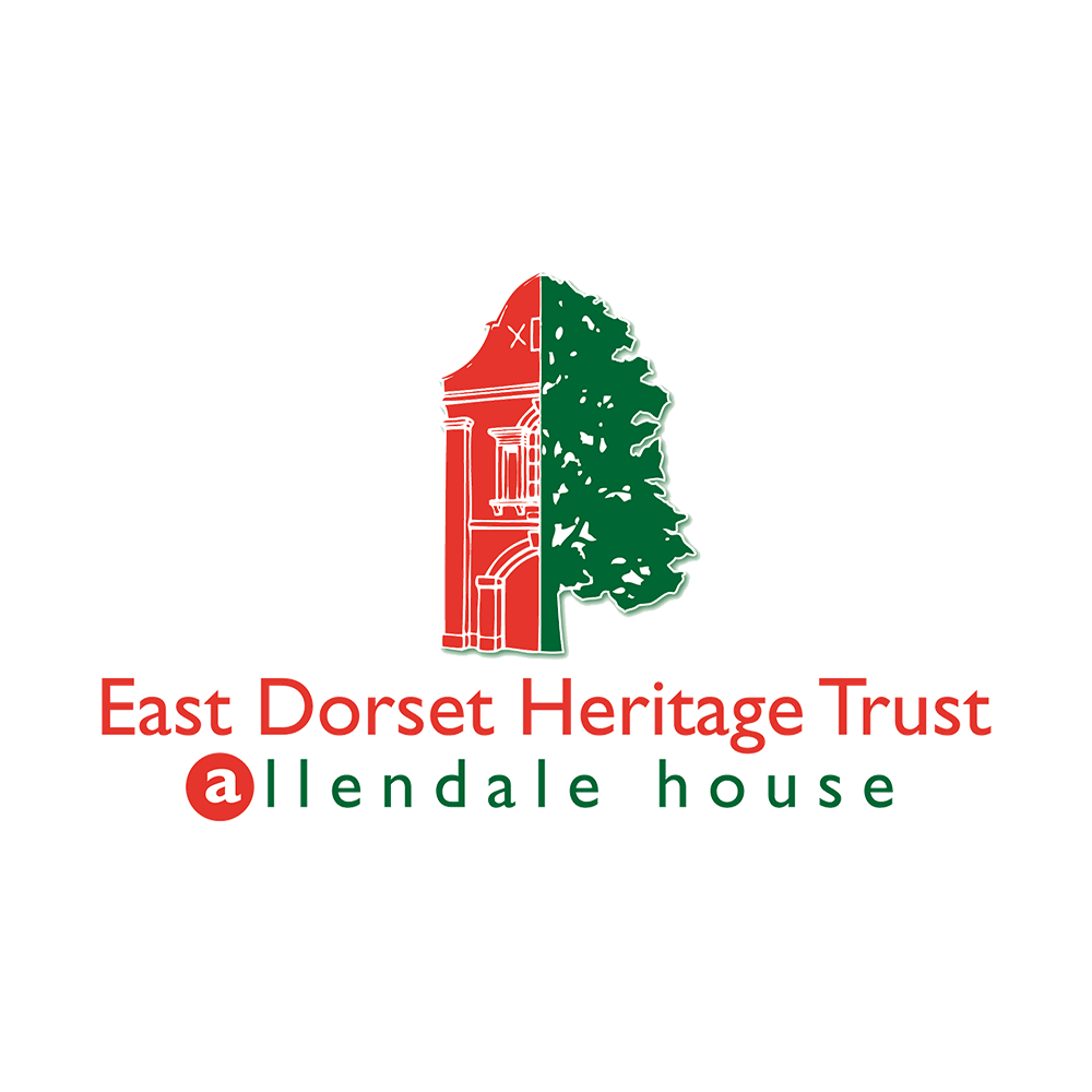 Logo for East Dorset Heritage Trust, featuring a red historic building and a green tree, with the text 'East Dorset Heritage Trust' above 'allendale house' on a black background.
