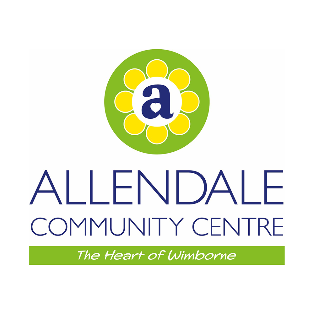 Logo of Allendale Community Centre with a green flower and a blue letter 'a' in the center, and the text 'ALLENDALE COMMUNITY CENTRE' with the slogan 'The Heart of Wimborne' beneath.