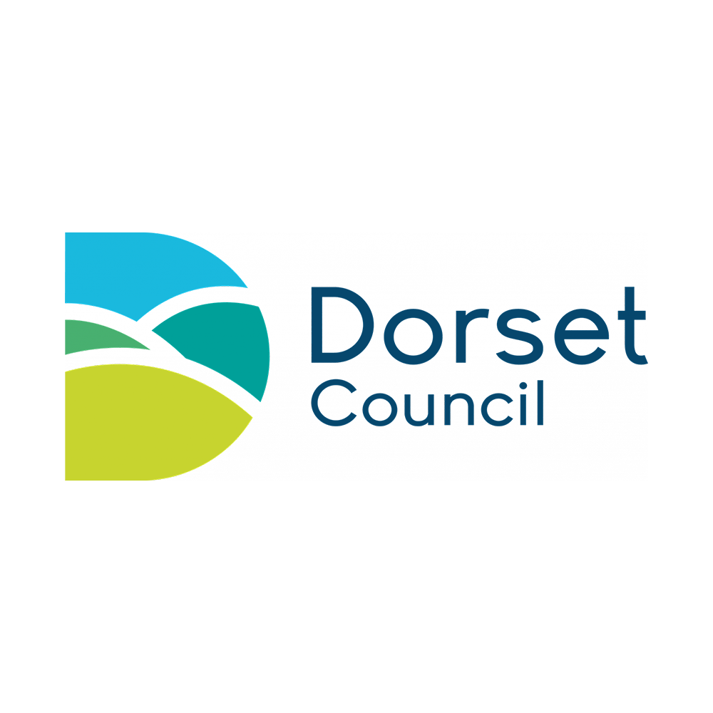 Dorset Council logo featuring abstract shapes in blue, green, and yellow with the text 'Dorset Council'.