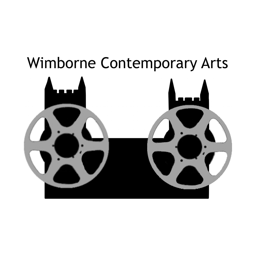 Poster for Wimborne Contemporary Arts featuring two film reels with gothic castle silhouettes in the background.