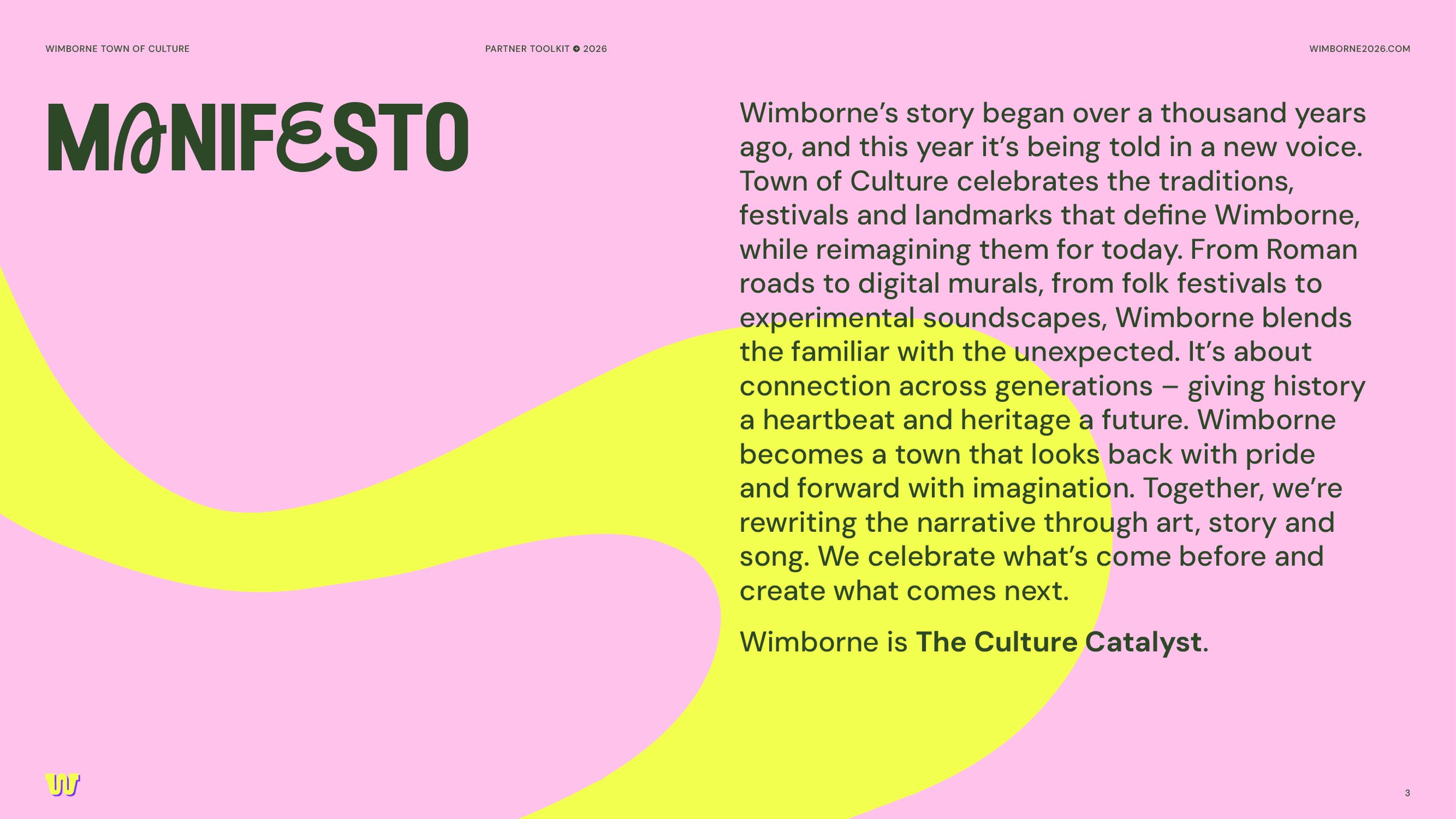 Pink background with yellow and purple abstract shapes. Title 'MANIFESTO' in large bold letters. Text discussing Wimborne's cultural story, traditions, and connection across generations.