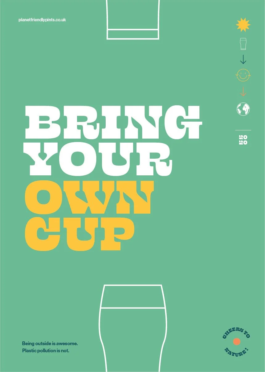 Une affiche encourageant à apporter sa propre tasse pour réduire la pollution plastique, avec un design rappelant un terrain de sport et des icônes de soleil, sourire, globe terrestre et un message sur la nature.