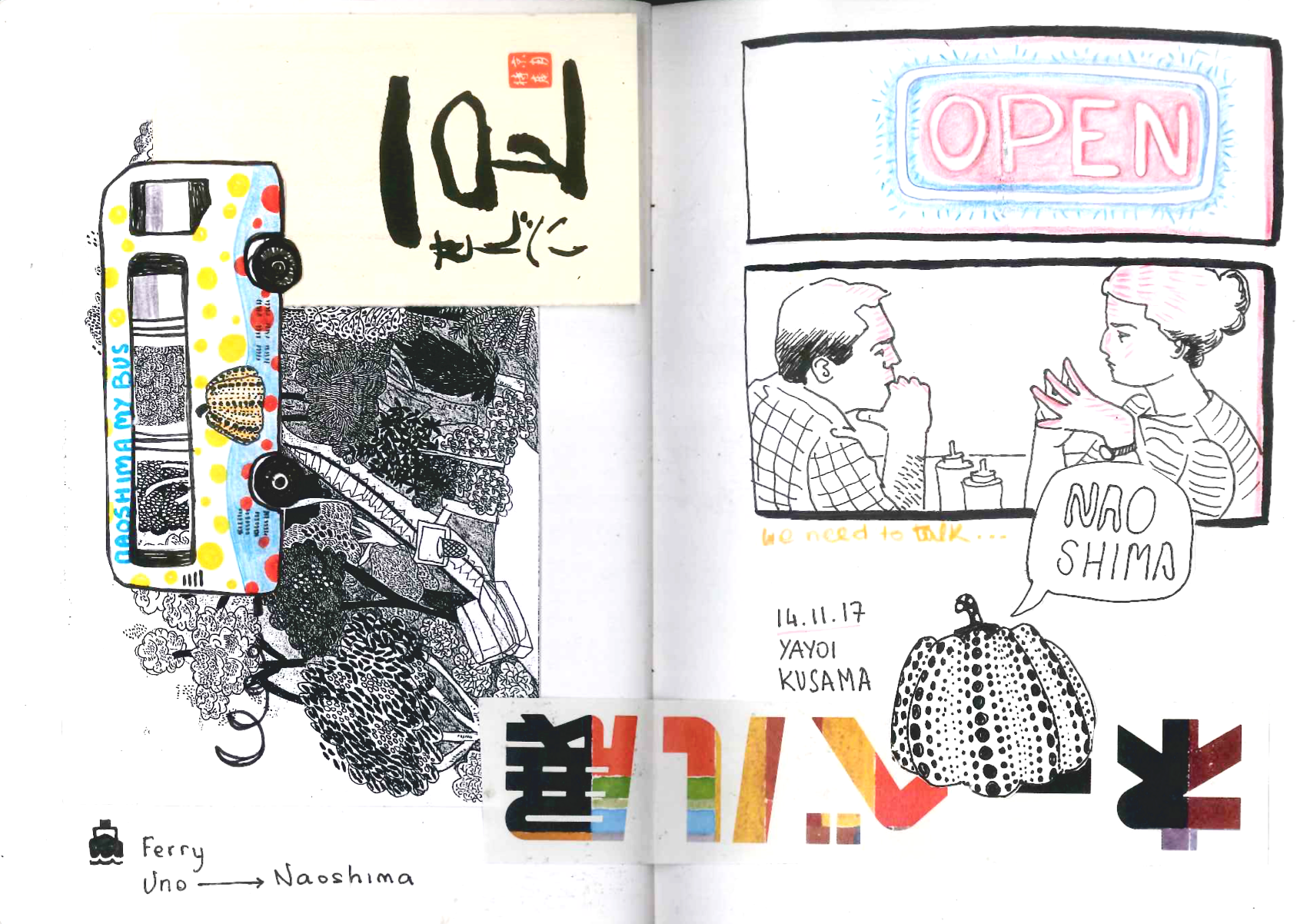 Une illustration avec un bus scolaire coloré, une scène de deux personnes dans un café discutant sous une enseigne « OPEN », et plusieurs éléments graphiques et textes, dont « NO SHIM » et « il faut parler... ».