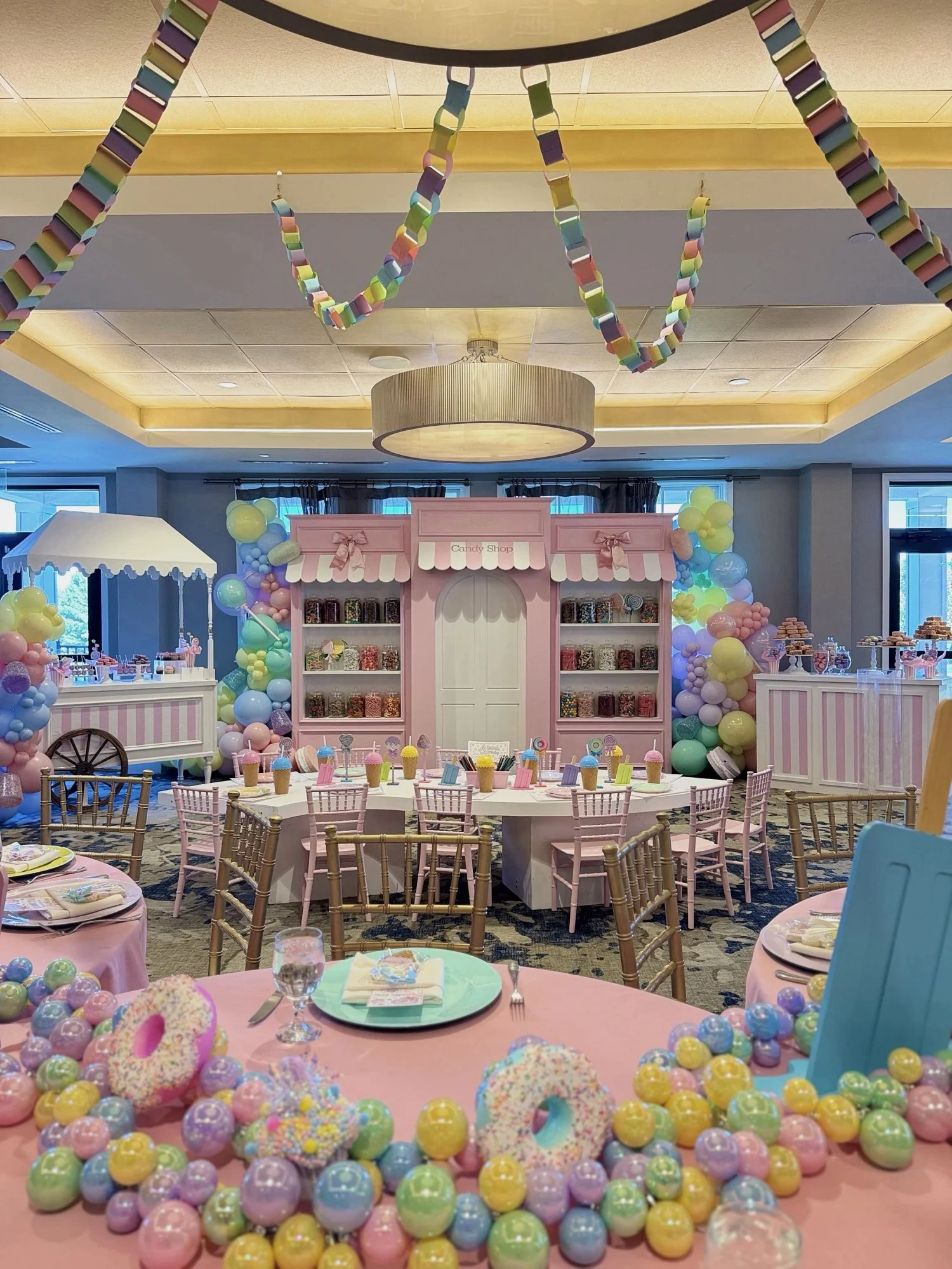 Candy shop themed birthday party with storefront backdrop, candy cart, kids table and balloon garlands at Dominion Valley Country Club in Haymarket, Virginia