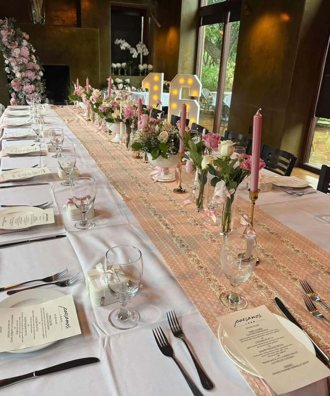 Close-up view of an elegant banquet table decorated with pink and white flowers, pink candles, and large illuminated number 15 in the background, set for a celebration, with place settings including wine glasses, menus, and silverware.