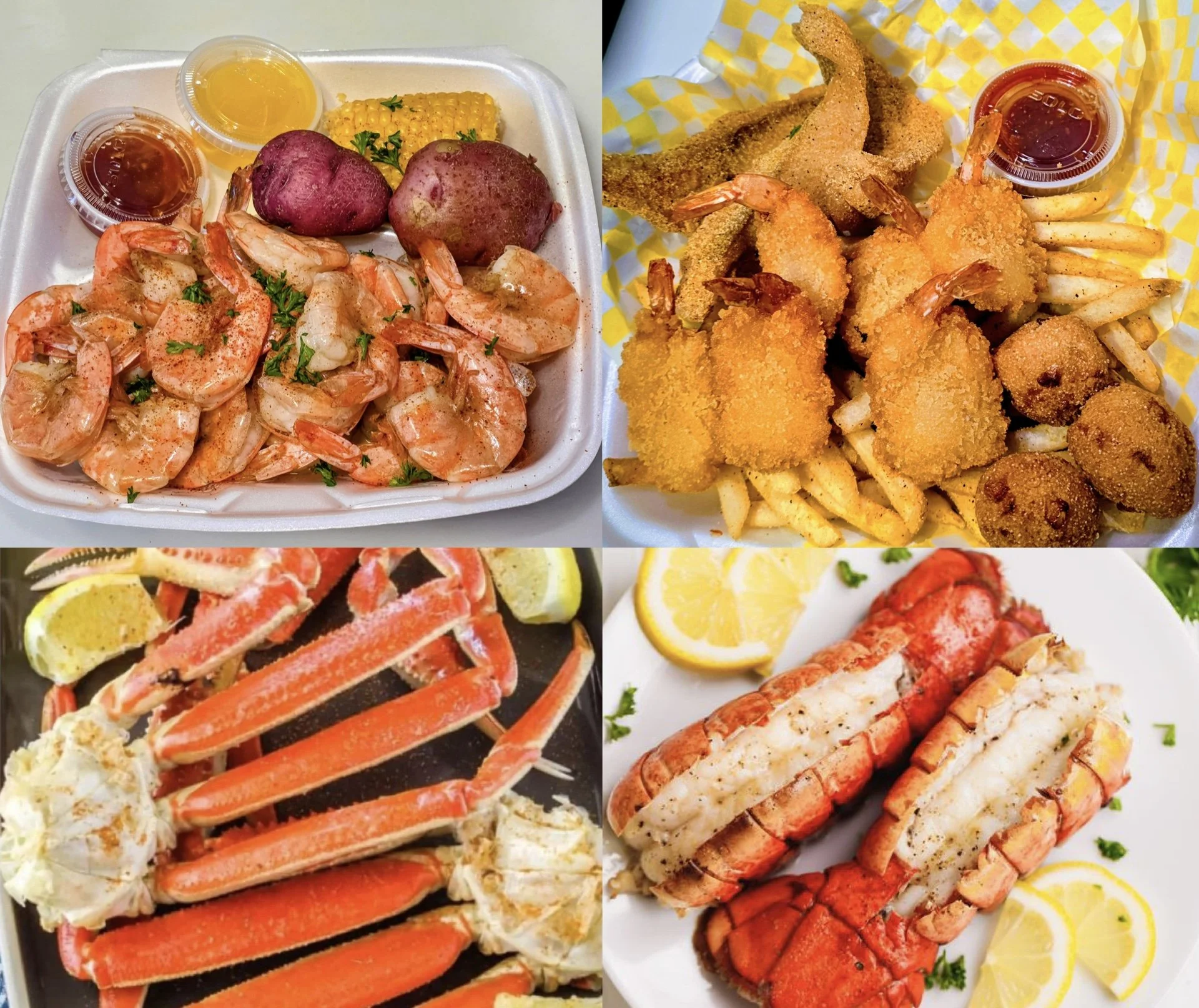 Collage of four seafood dishes: top-left features cooked shrimp with red potatoes and corn on a foam plate; top-right shows fried shrimp, fries, and hush puppies with dipping sauces; bottom-left presents raw king crab legs with lemon wedges; bottom-right displays cooked lobster tails with lemon slices.