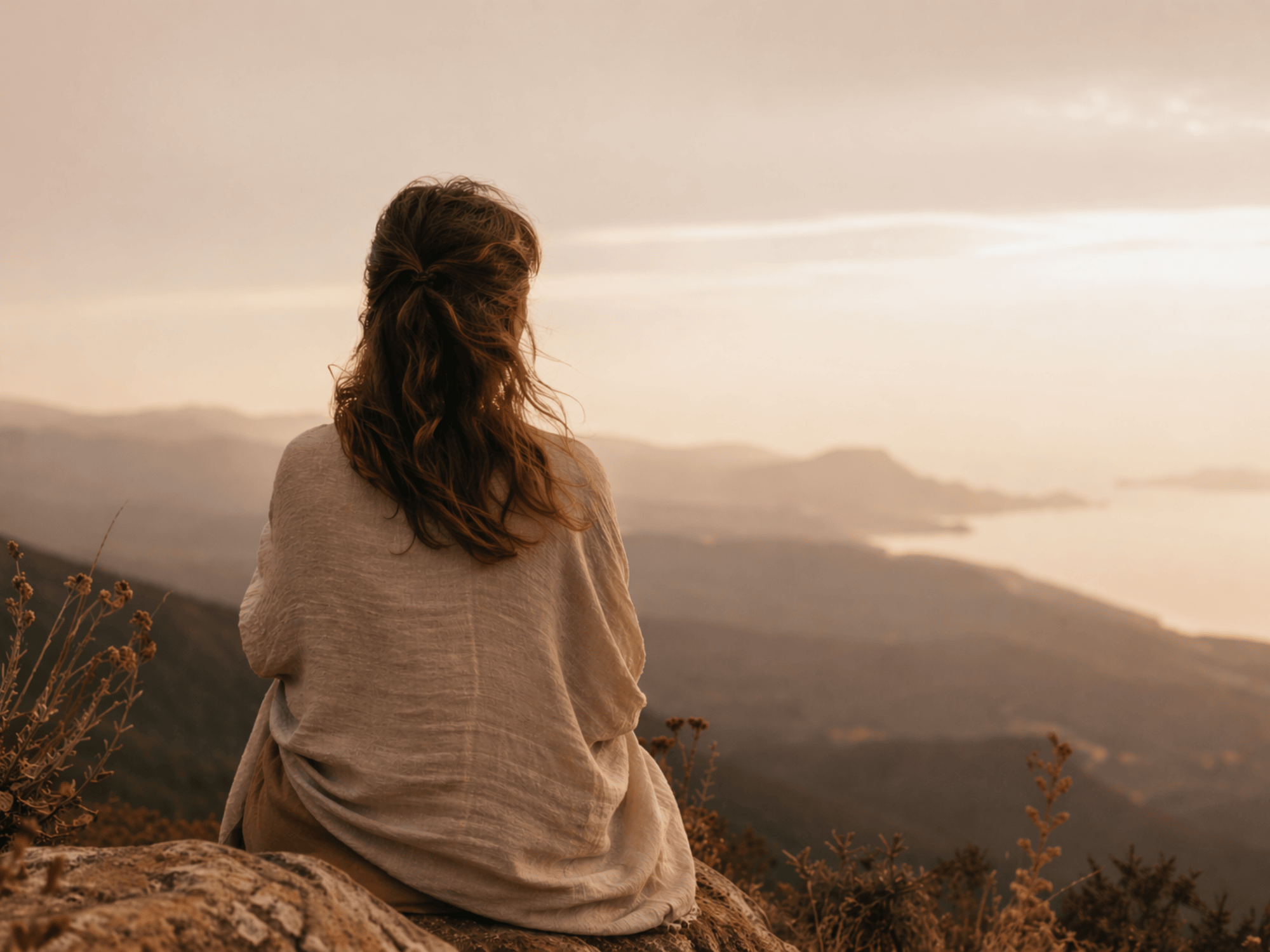 Frau sitzt auf einem Felsen in einer Berglandschaft bei Sonnenuntergang, trägt eine beige Tunika, blickt in die Ferne, Berge und Wolken im Hintergrund.