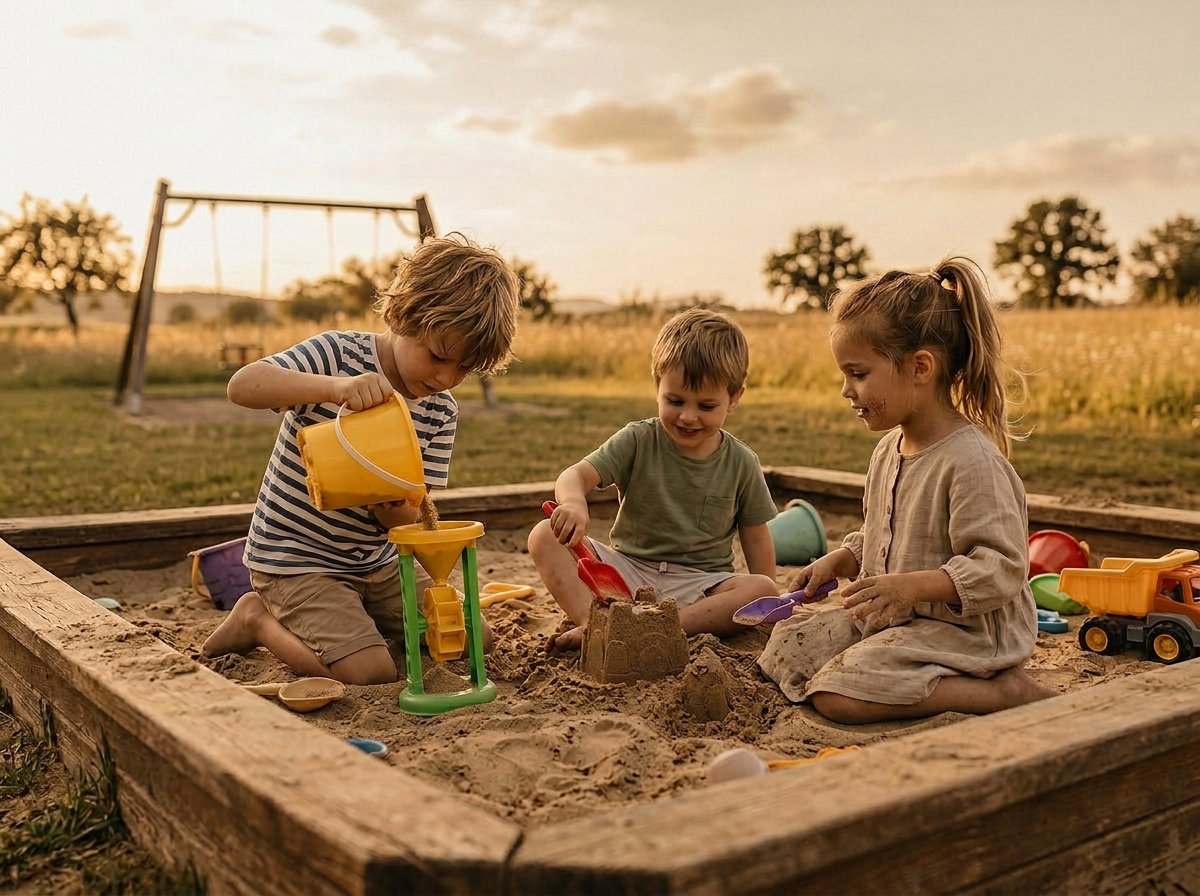 Drei Kinder bauen im Sandkasten gemeinsam eine Sandburg mit Spielzeug und spielen mit Sand und Schaufeln, im Hintergrund ein Schaukel. Es ist eine sonnige Tageszeit im Freien.