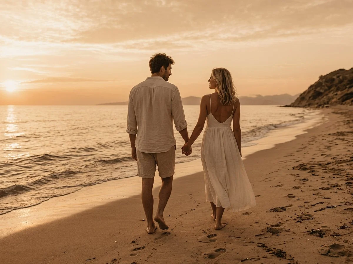 Ein Mann und eine Frau gehen Händchen haltend am Strand bei Sonnenuntergang.