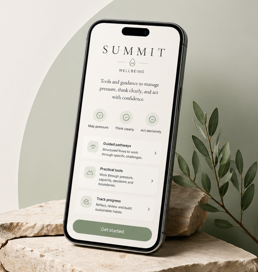 Summit Wellbeing platform mobile app showing wellbeing tools, guided programs and employee wellbeing resources.
