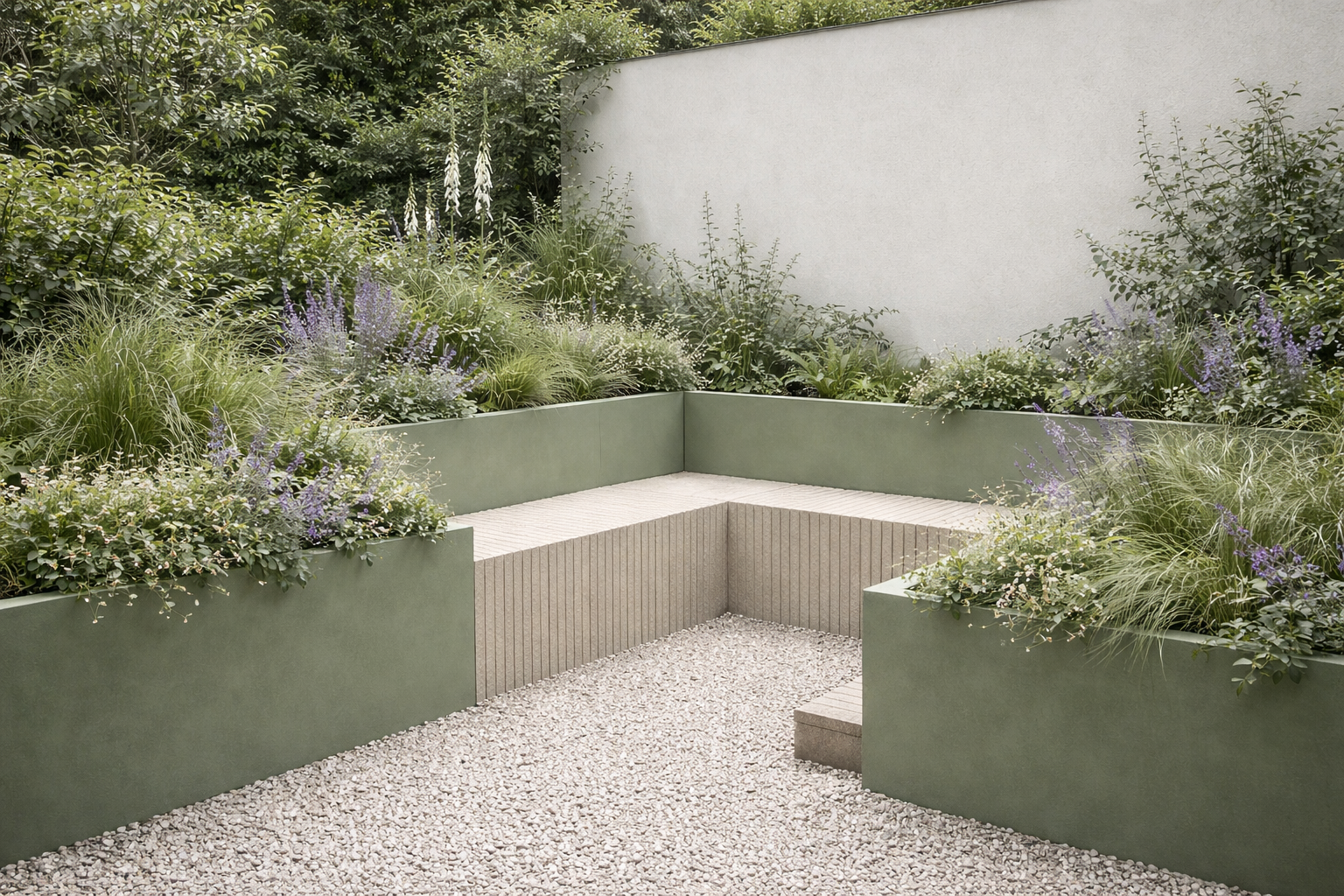 A minimalist outdoor seating area with a built-in concrete bench surrounded by lush greenery and flowering plants, with a gravel ground surface and a plain white wall in the background.