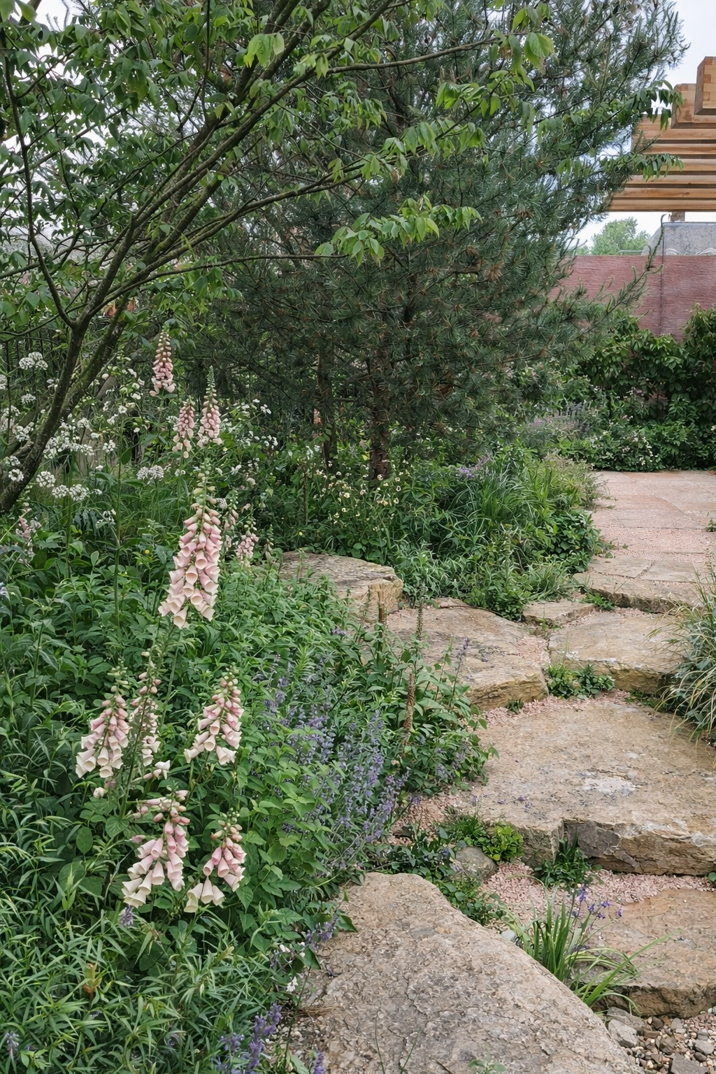 A garden path made of large flat stones surrounded by green plants, shrubs, and wildflowers, with trees and a brick building in the background.