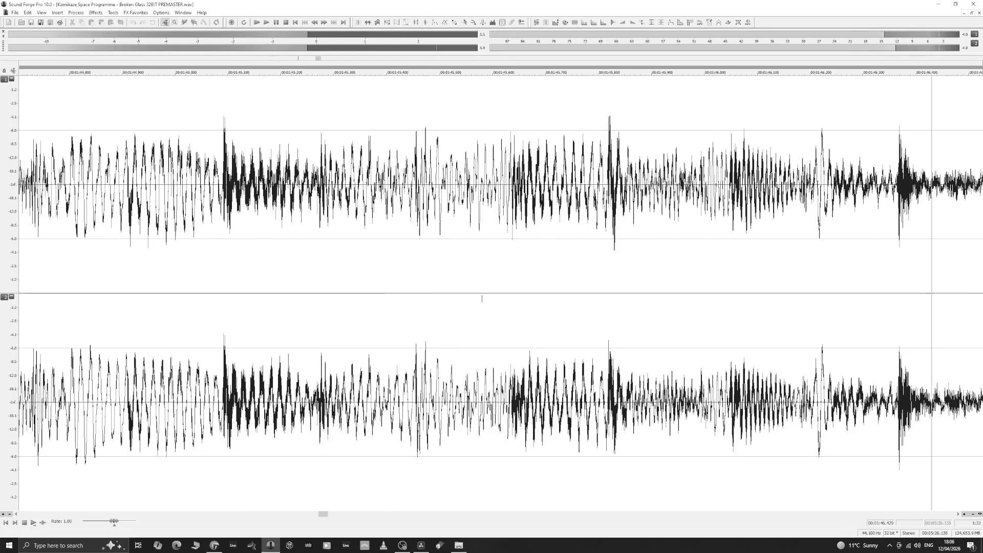 Screenshot of Sound Forge Pro 10.0 audio editing software displaying three waveforms of an audio file. The interface includes menu options, toolbars, and time markers.